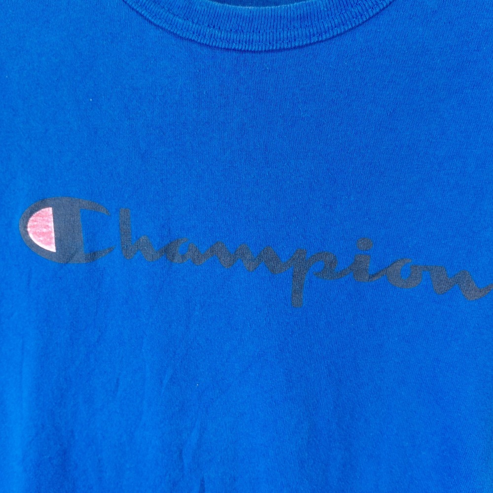 Champion Mens Vintage Script Logo T-Shirt Royal Blue Large Short Sleeve Cotton - Picture 3 of 7